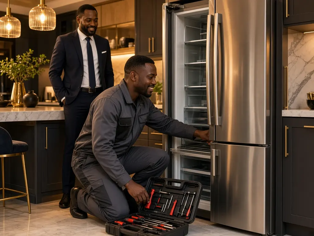 A uniformed technician servicing a stainless-steel fridge as the homeowner looks on (AI-generated)