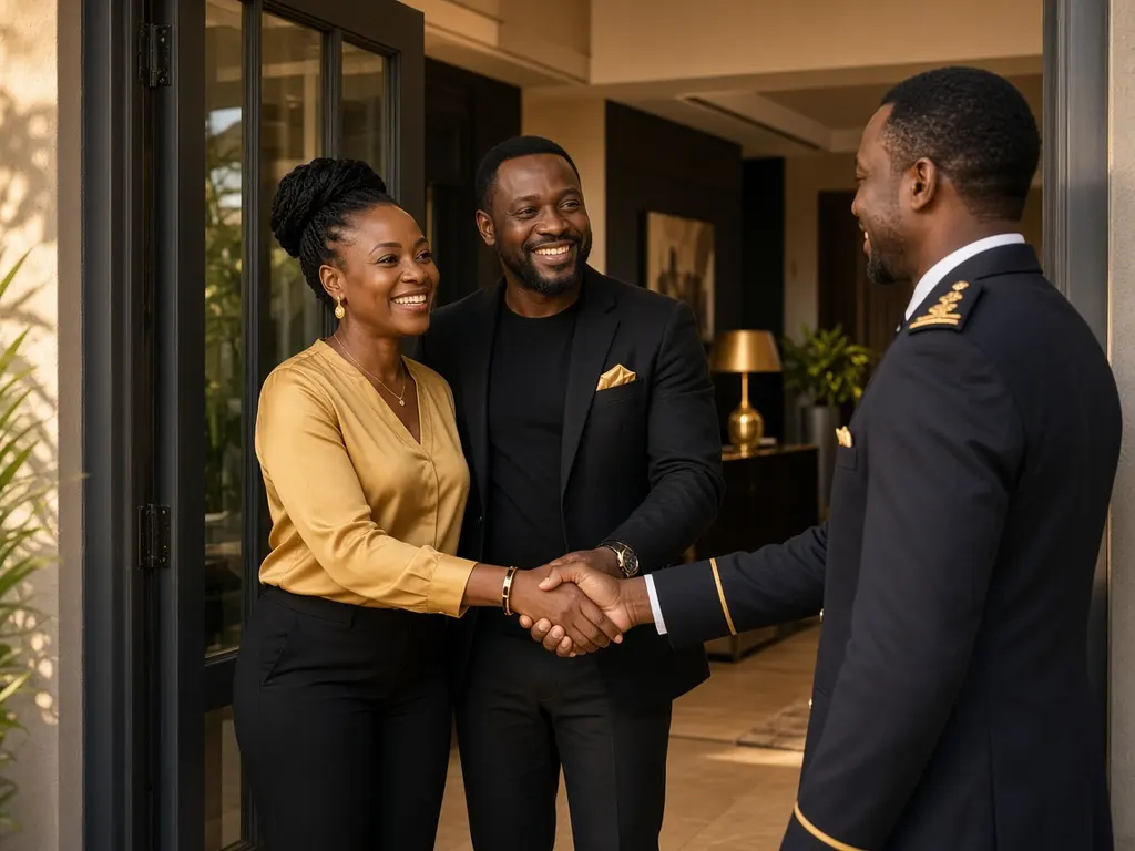 A couple shaking hands with a uniformed professional at the door of their home (AI-generated)