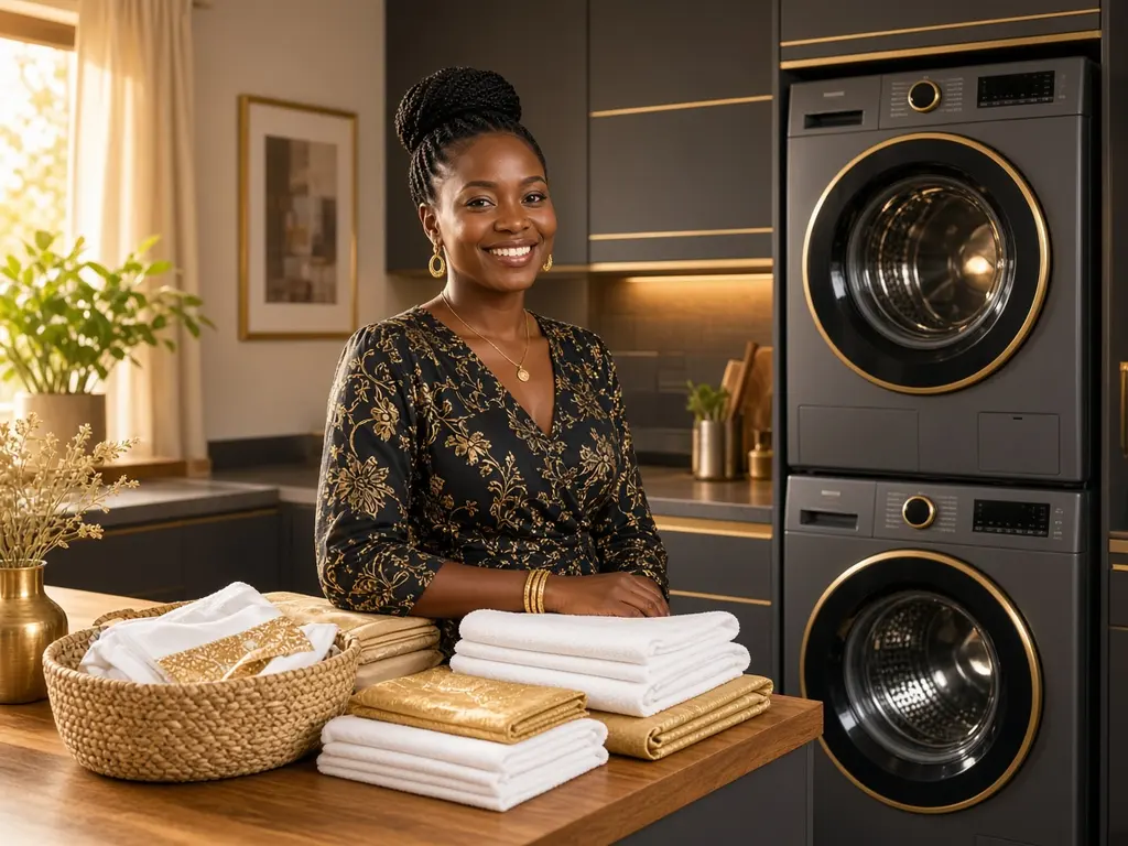 A woman with neatly folded towels beside a stacked washer and dryer in a modern laundry room (AI-generated)