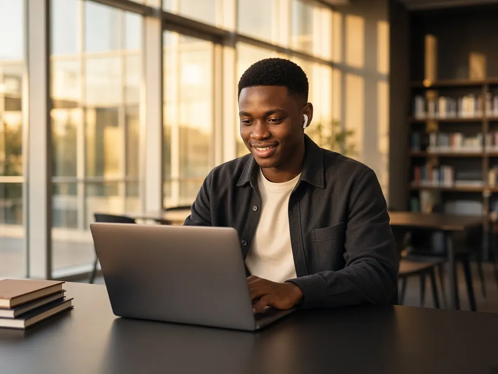 A young man studying on a laptop in a modern study room (AI-generated)