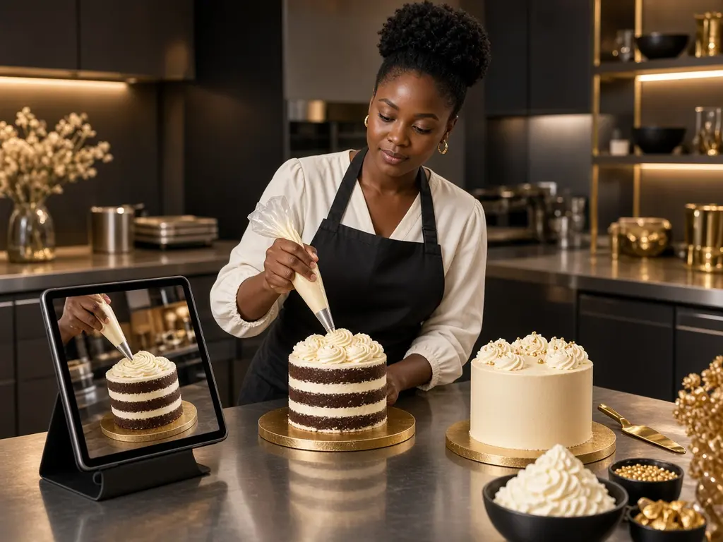 A young woman in an apron learning to pipe cream onto cakes in a modern pastry studio (AI-generated)