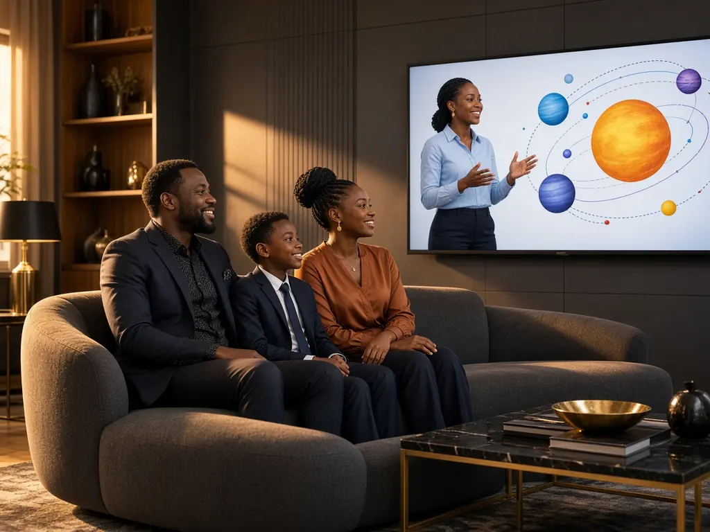 A family on a sofa watching an educational programme on a wall TV (AI-generated)